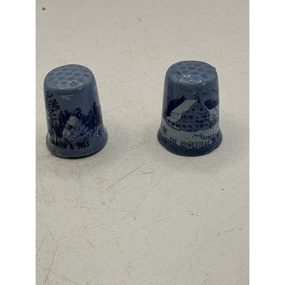 Set Of 2 Vintage Courier and Ives Thimbles Blue Porcelain 1” “The Homestead”